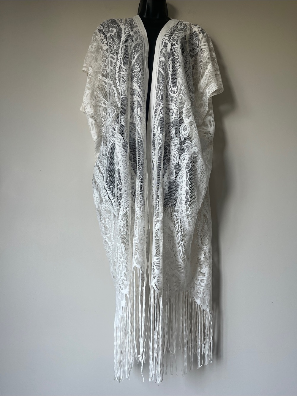 Ivory Sheer Floral Lace Fringe Kimono Duster Beach Cover-Up Onesize - Picture 4 of 8